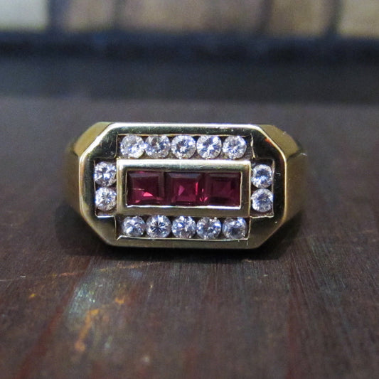 Vintage Ruby and Diamond Signet Ring 14k c. 1970