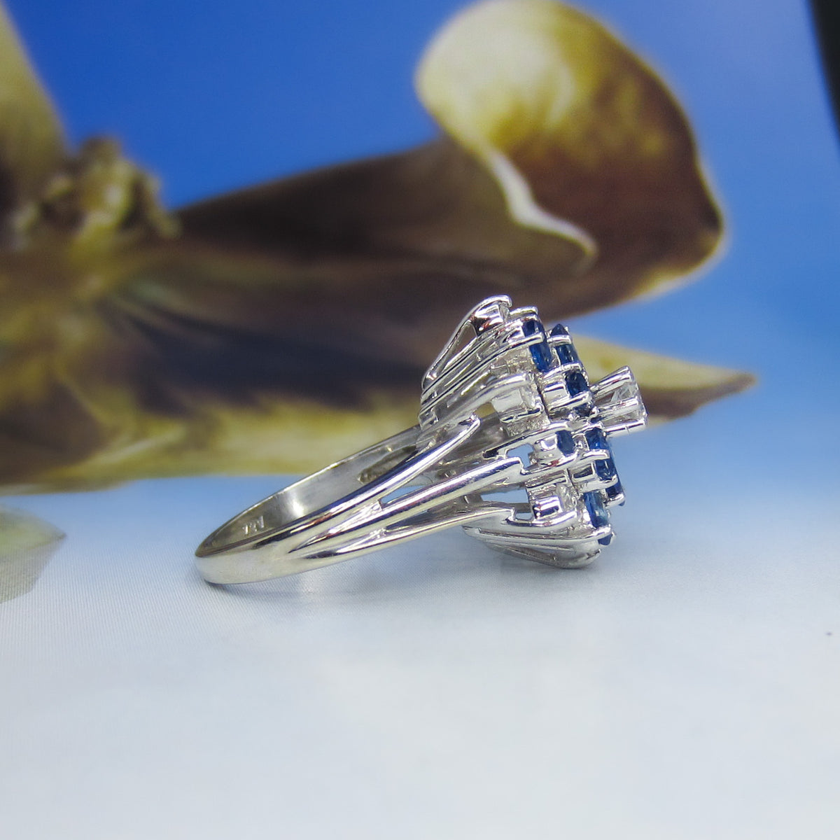 Vintage Mid-Century Sapphire and Diamond Cluster Ring 14k c. 1950
