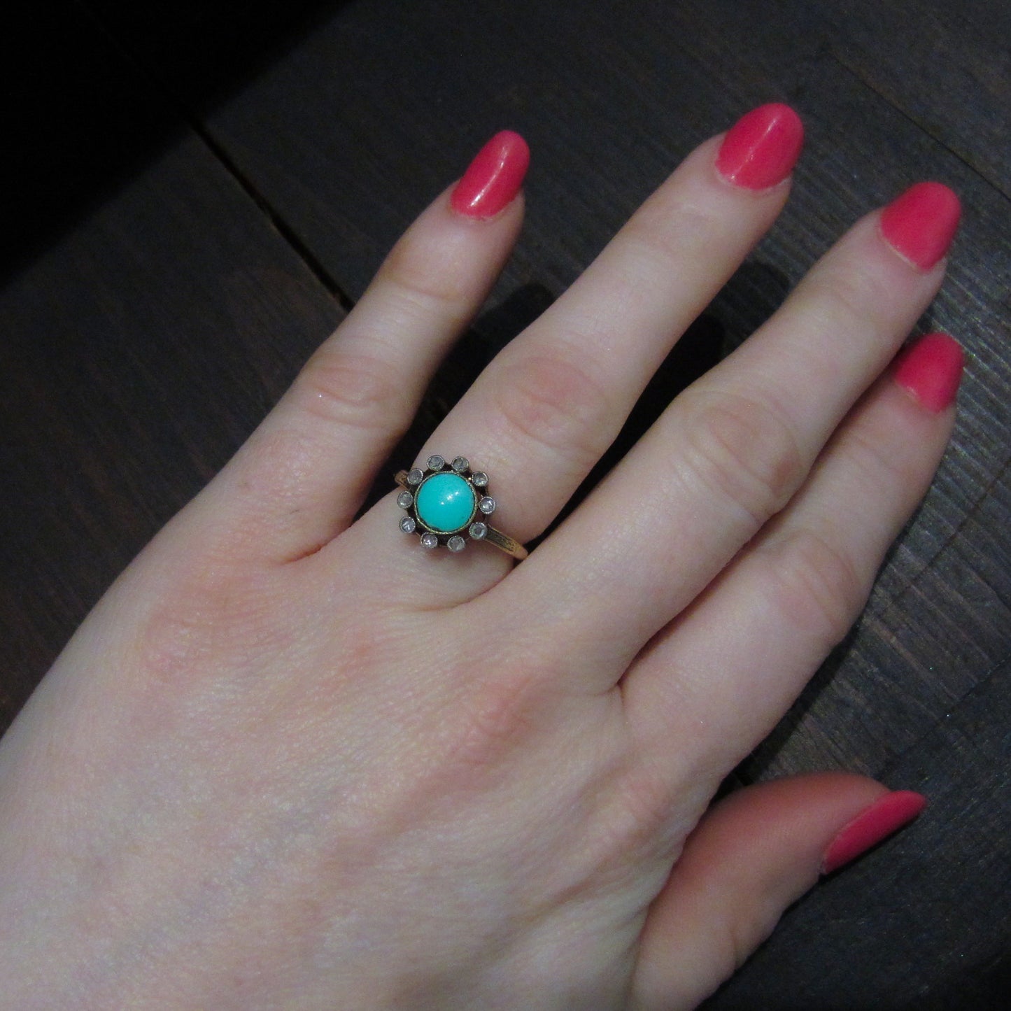 Victorian Turquoise and Rose Cut Diamond Ring 14k c. 1900