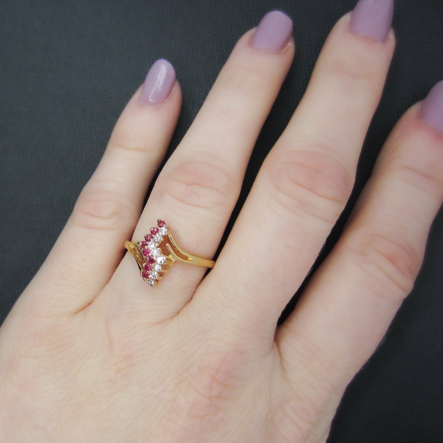 Vintage Ruby and Diamond Lightning Bolt Ring 14k c. 1980