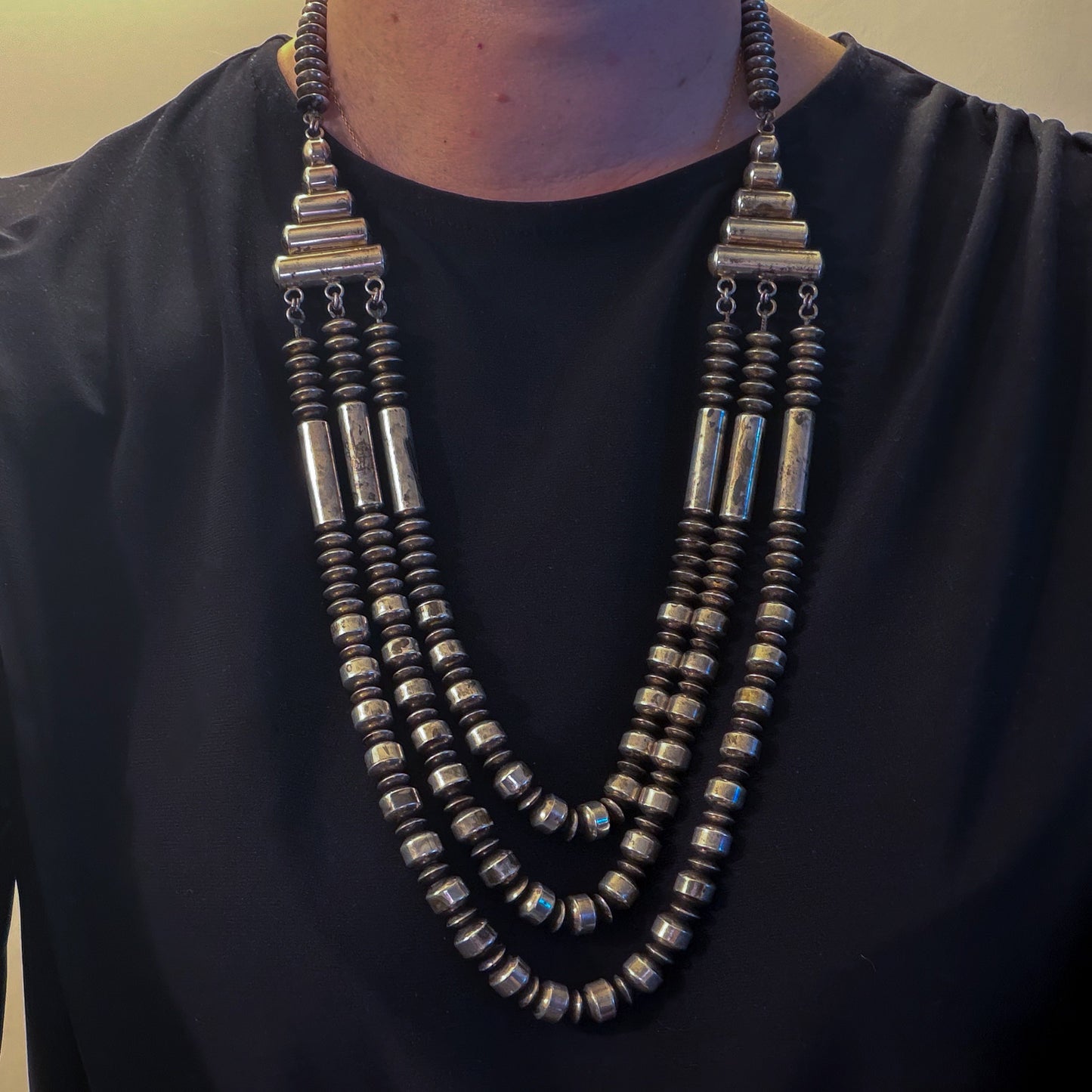 HOLD Vintage Margaret Lee Navajo Triple Strand Necklace Sterling Silver c. 2000