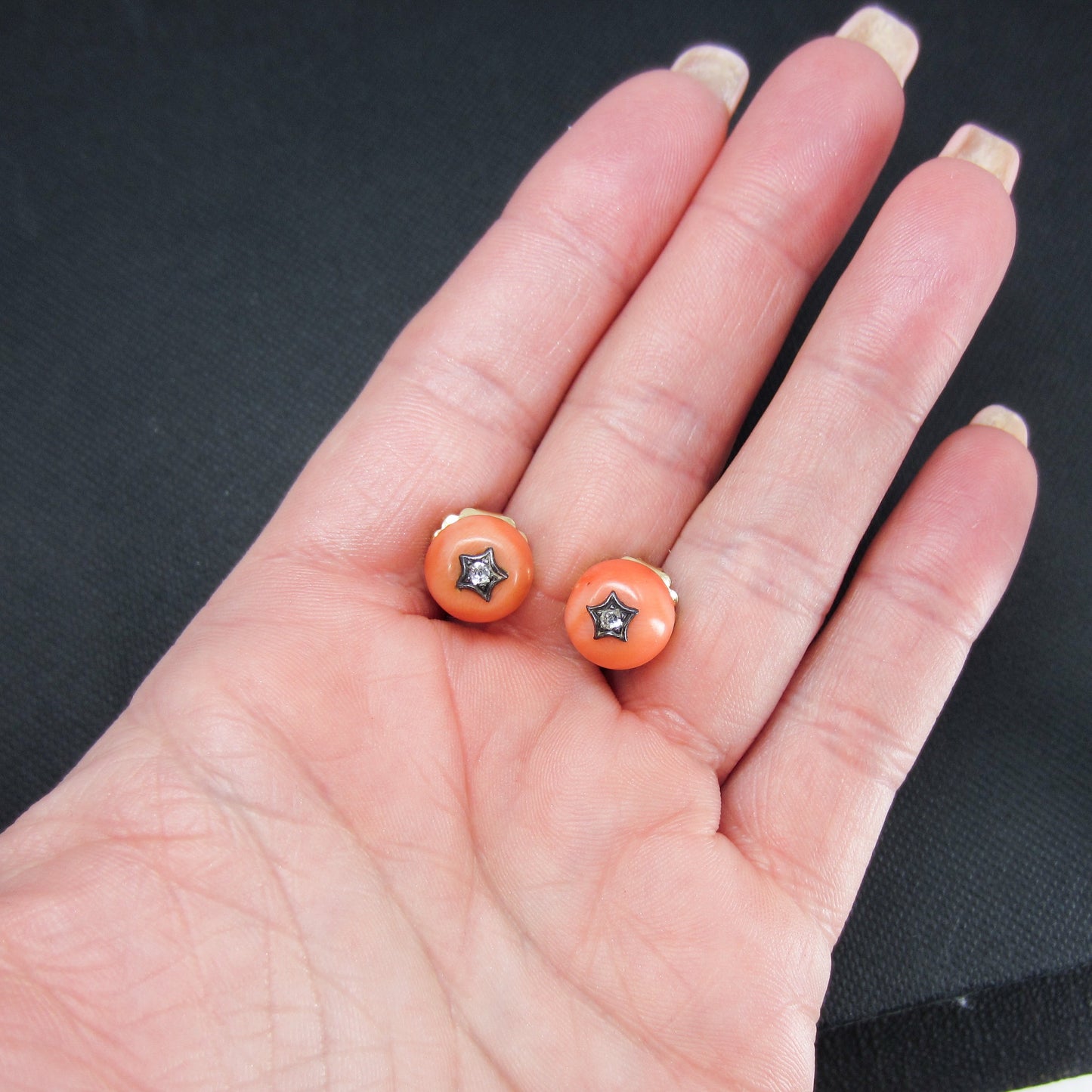 Victorian Diamond and Coral Studs Silver/14k c. 1890