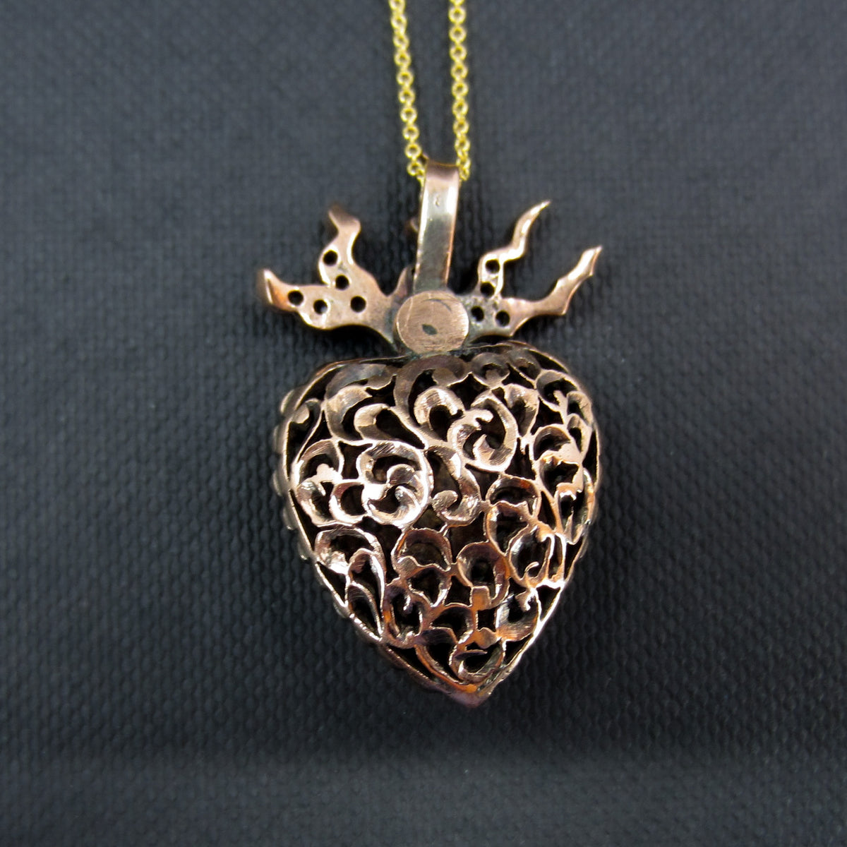 Vintage Ruby and Rose Cut Diamond Flaming Heart Pendant 10k