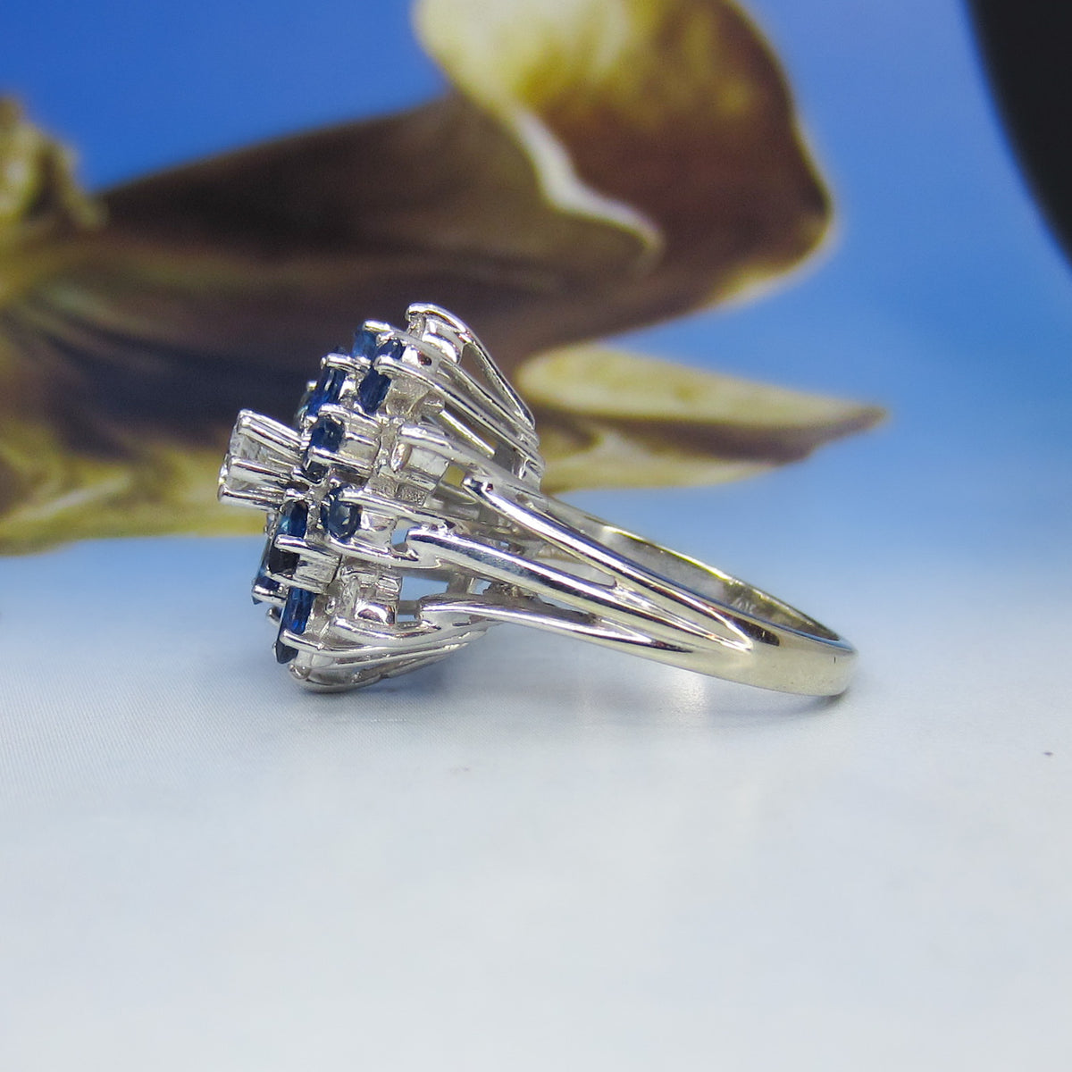 Vintage Mid-Century Sapphire and Diamond Cluster Ring 14k c. 1950