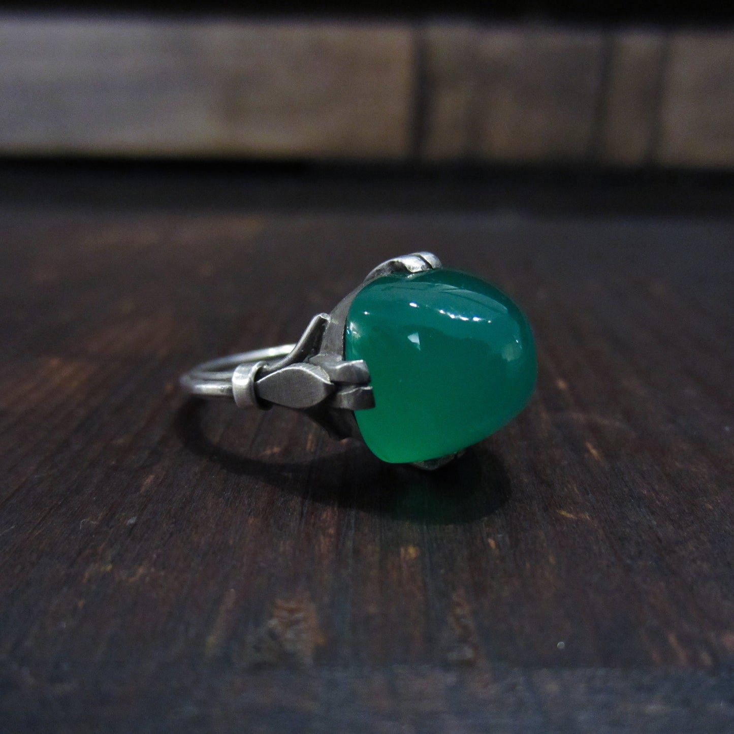 French Art Deco Chrysoprase Sugar Loaf Cabochon Ring Sterling c. 1920