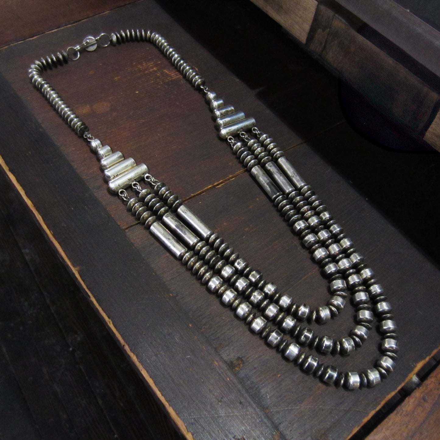 HOLD Vintage Margaret Lee Navajo Triple Strand Necklace Sterling Silver c. 2000