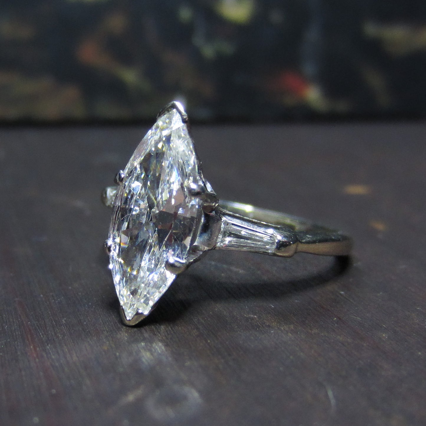 Mid-Century Old Cut Marquise 1.62ct Diamond Engagement Ring 14k c. 1950