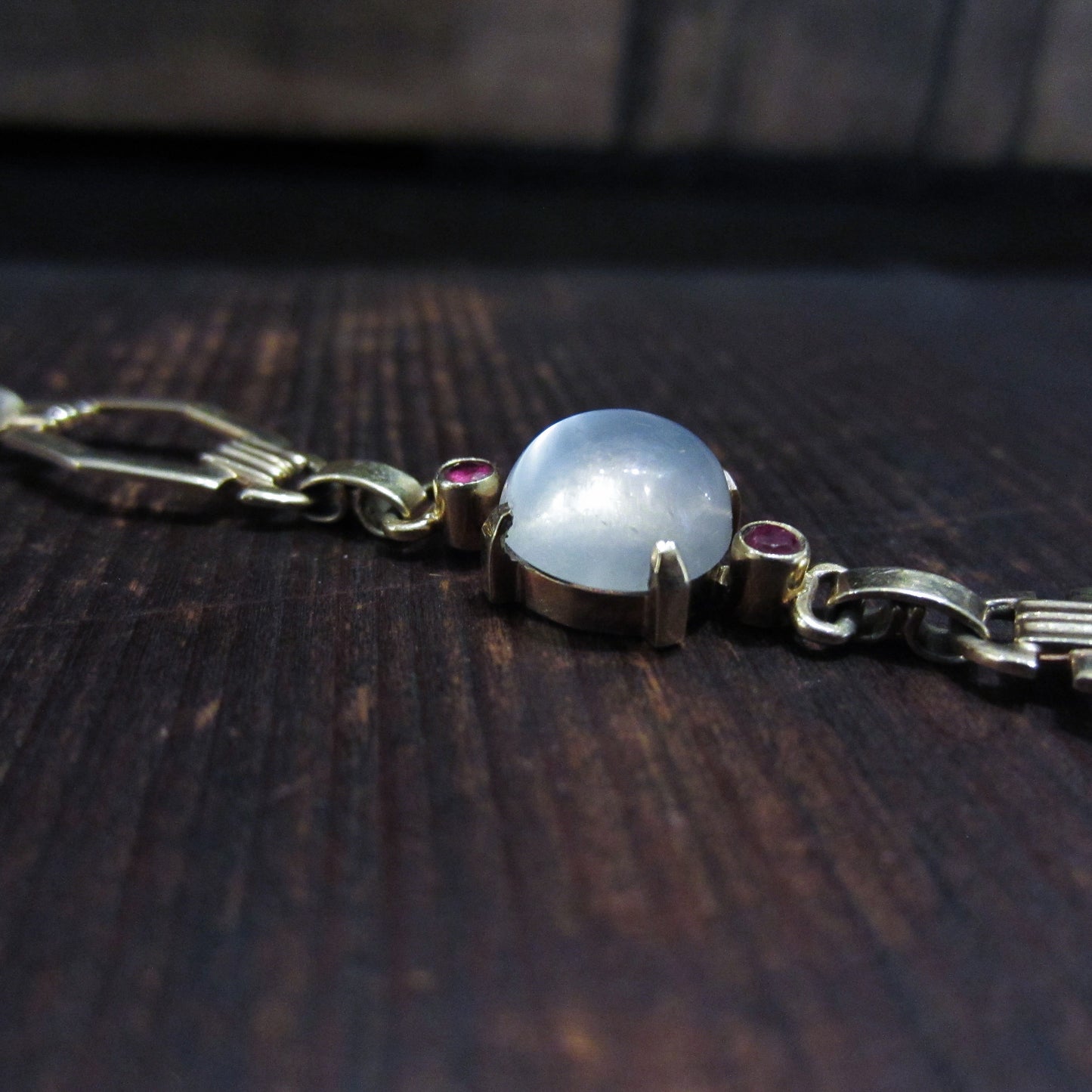 SOLD Retro Moonstone and Ruby Bracelet 14k c. 1940