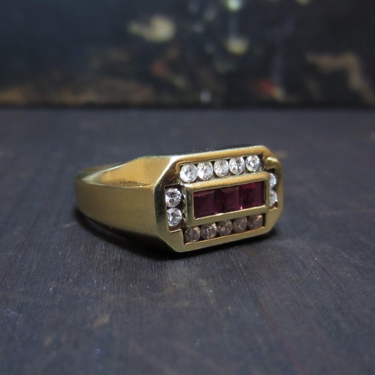 Vintage Ruby and Diamond Signet Ring 14k c. 1970