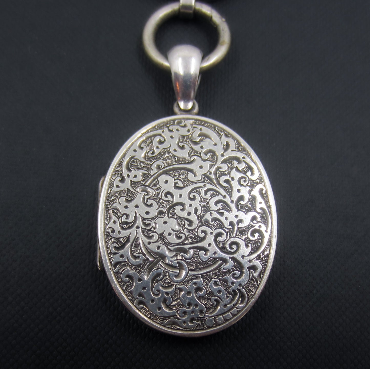 SOLD-Victorian Engraved Locket and Bookchain Sterling c. 1880