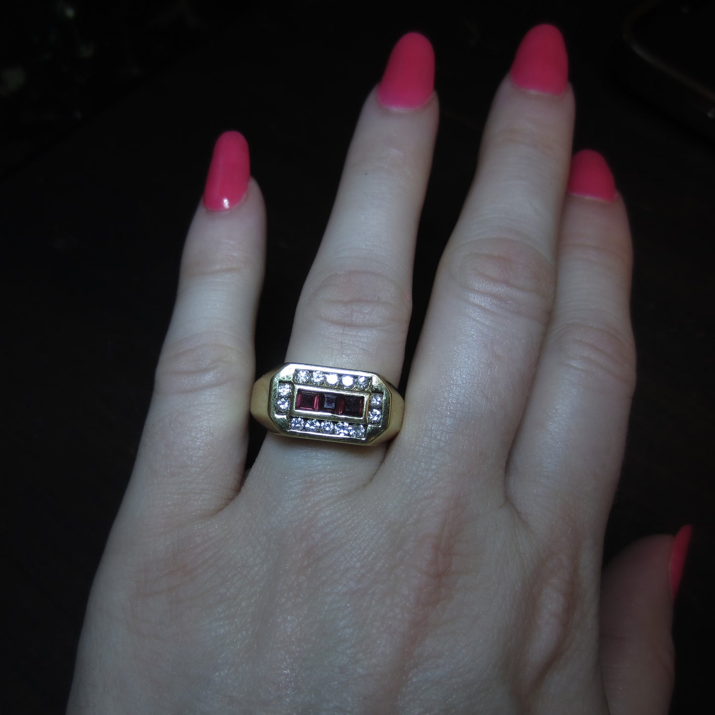 Vintage Ruby and Diamond Signet Ring 14k c. 1970