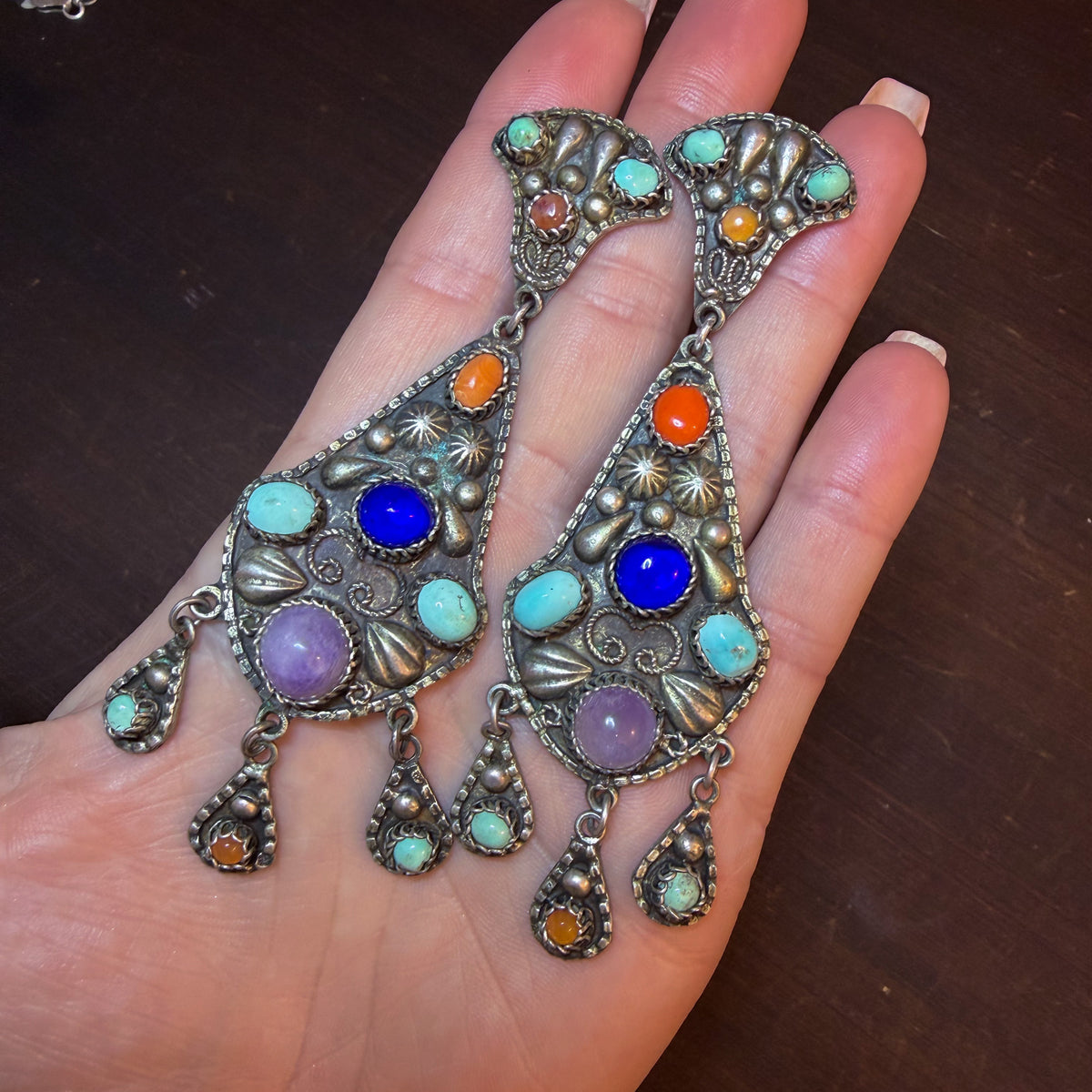 Vintage Big Multi-Stone Drop Earrings Silver