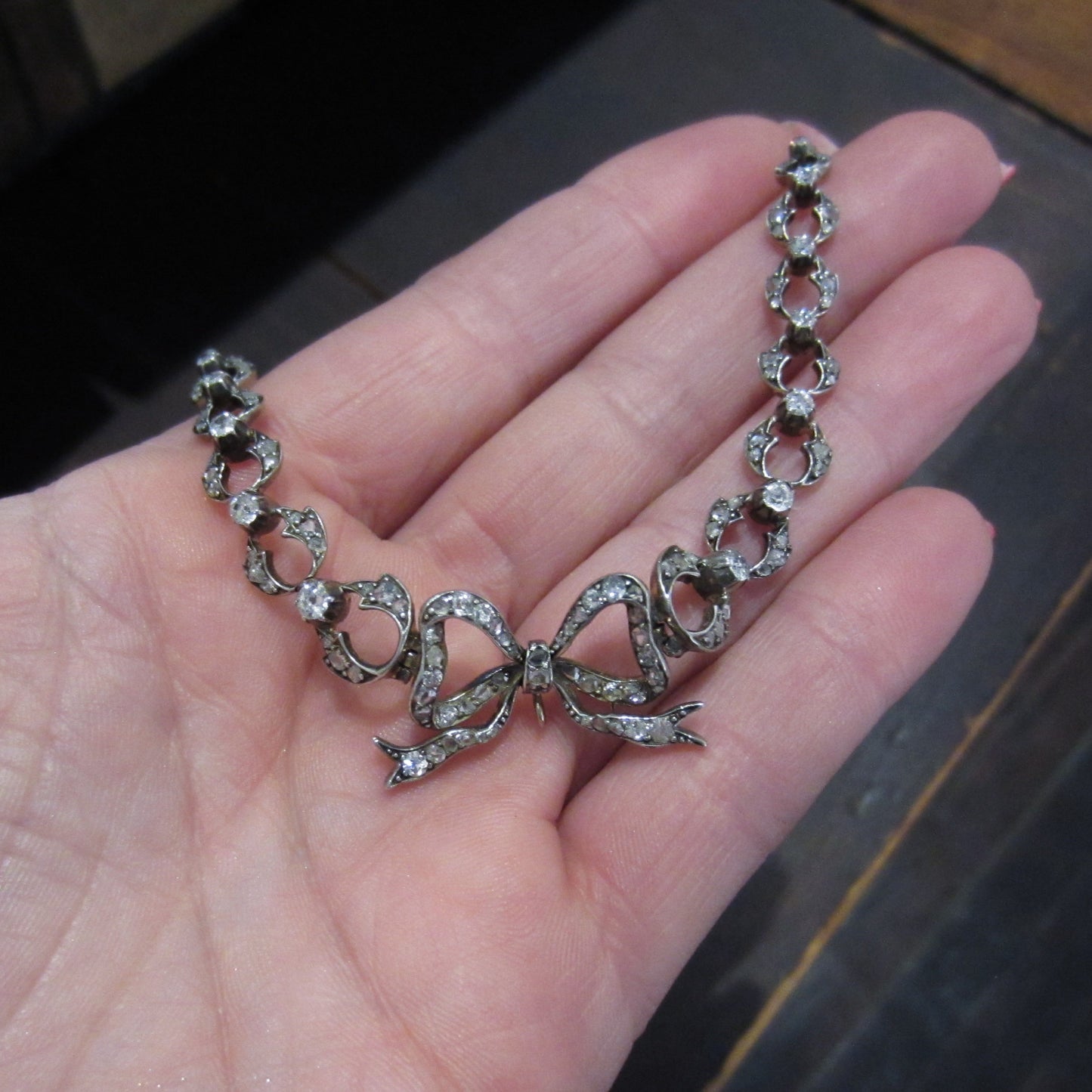Victorian Diamond Bow Necklace Silver/14k c. 1850