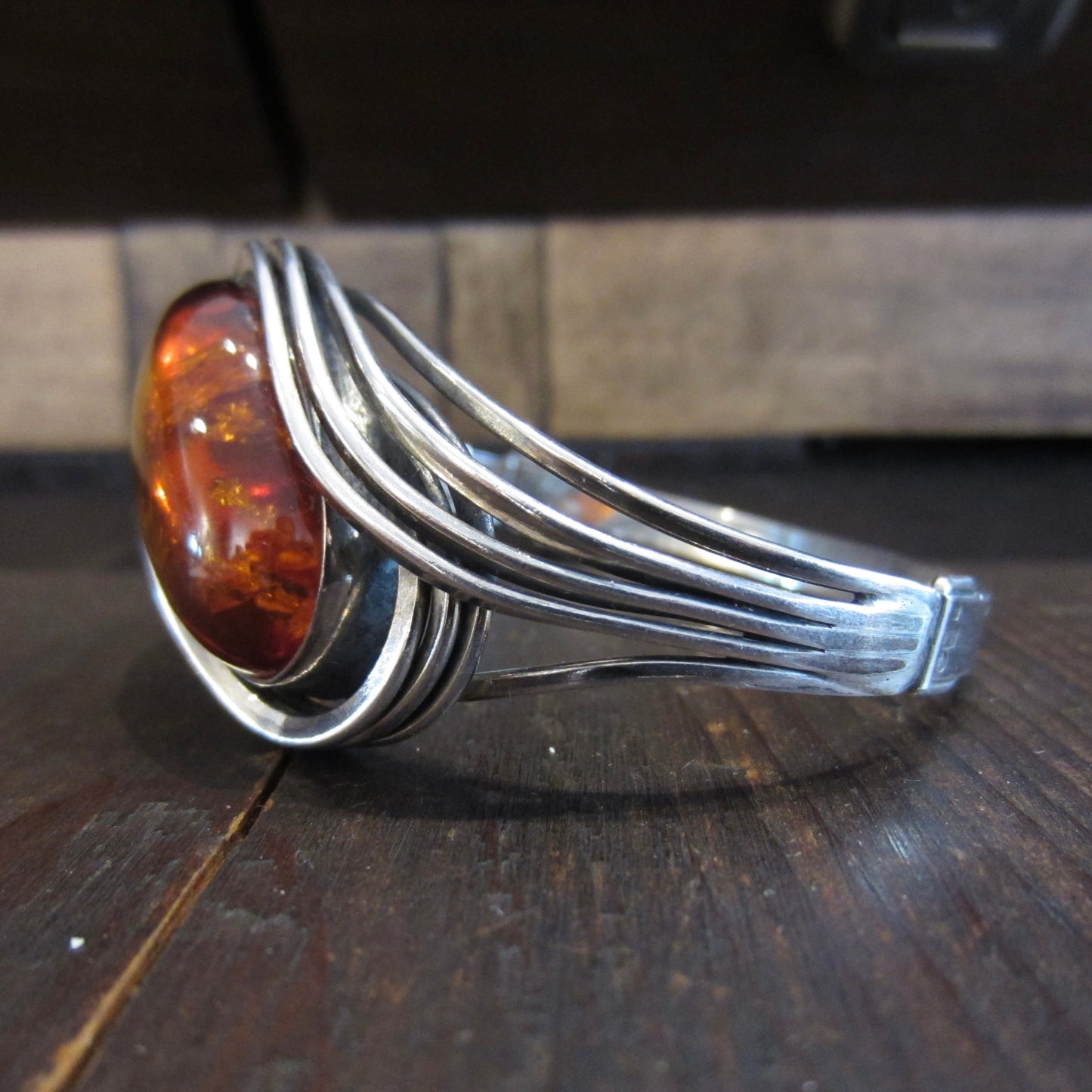 Vintage Large Amber Hinged Bangle Sterling Silver, Poland c. 1970