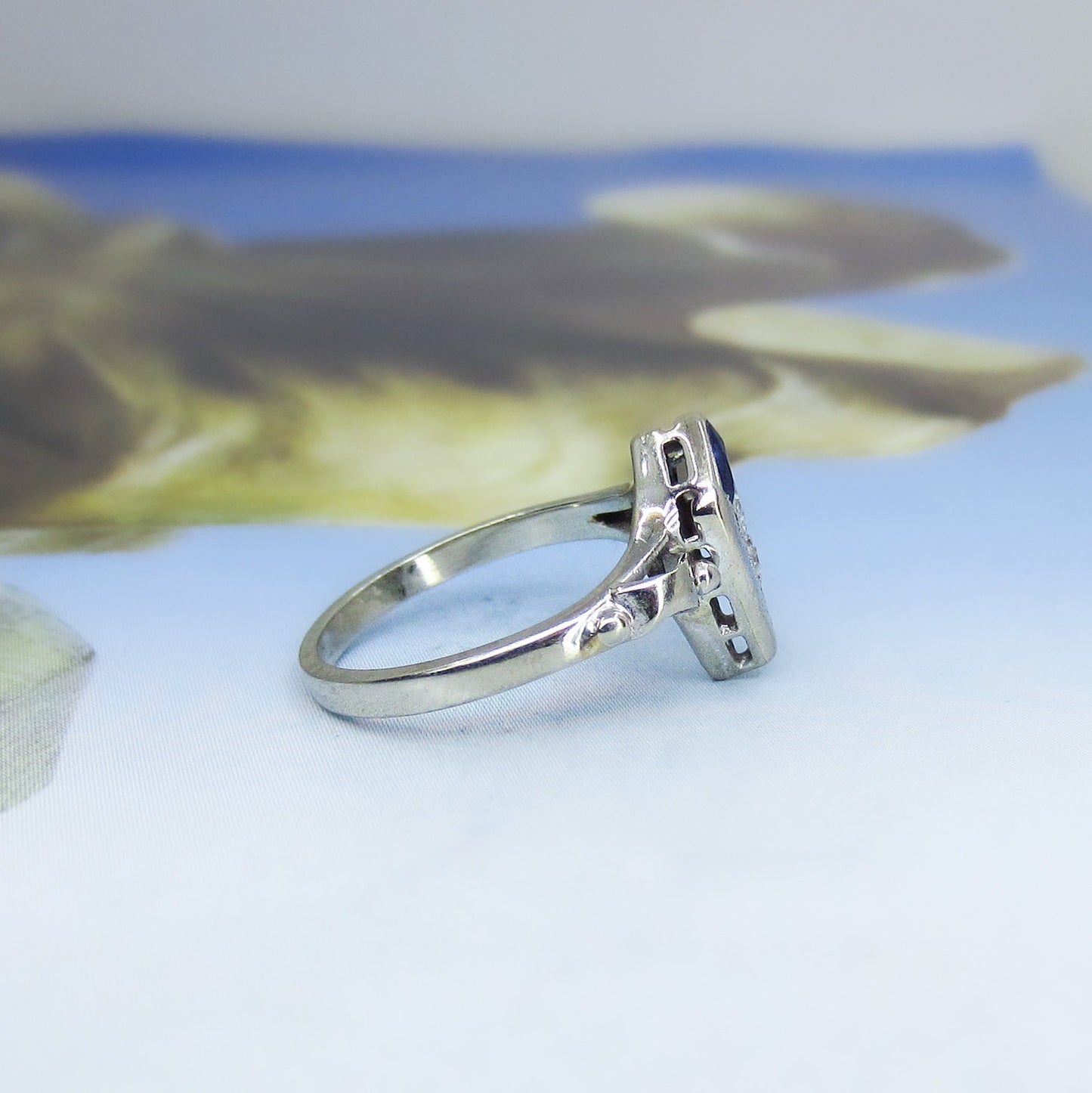 Art Deco Diamond and Sapphire Ring 14k c. 1930