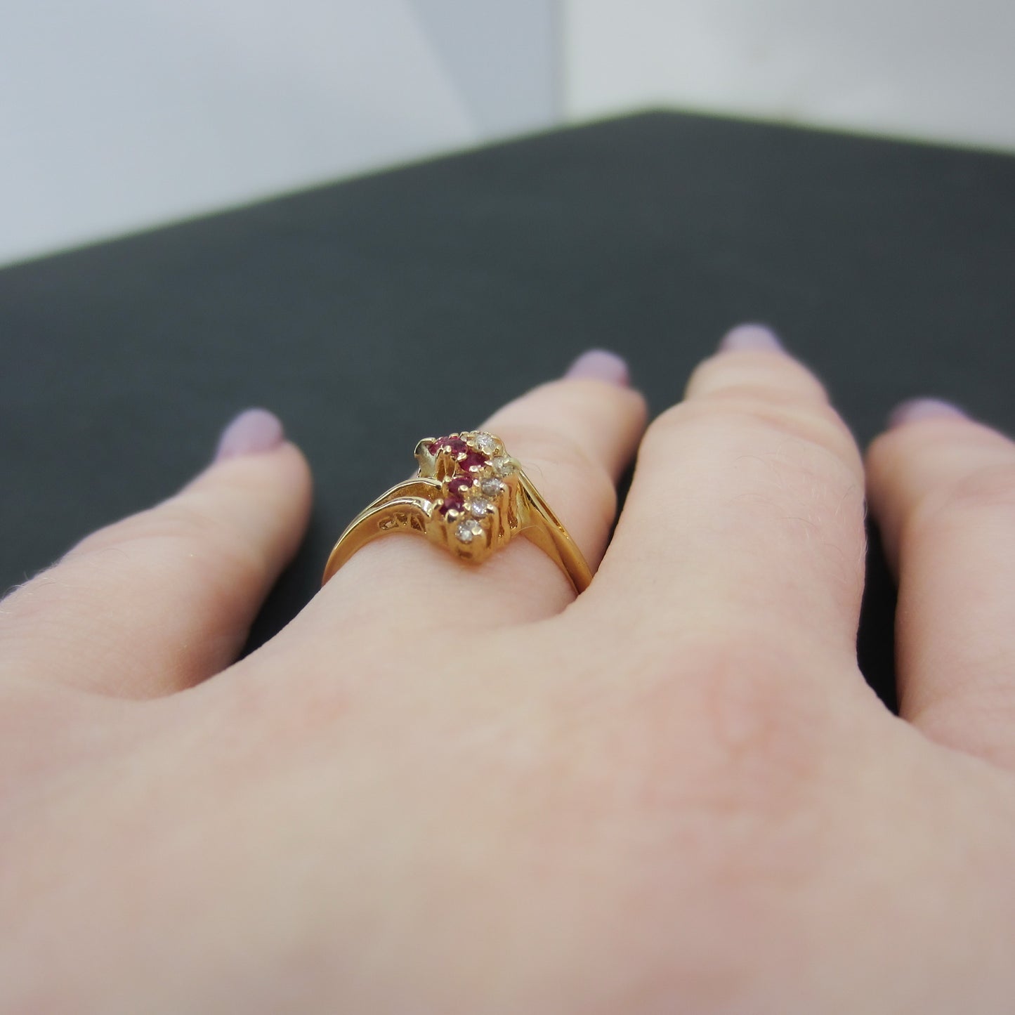 Vintage Ruby and Diamond Lightning Bolt Ring 14k c. 1980