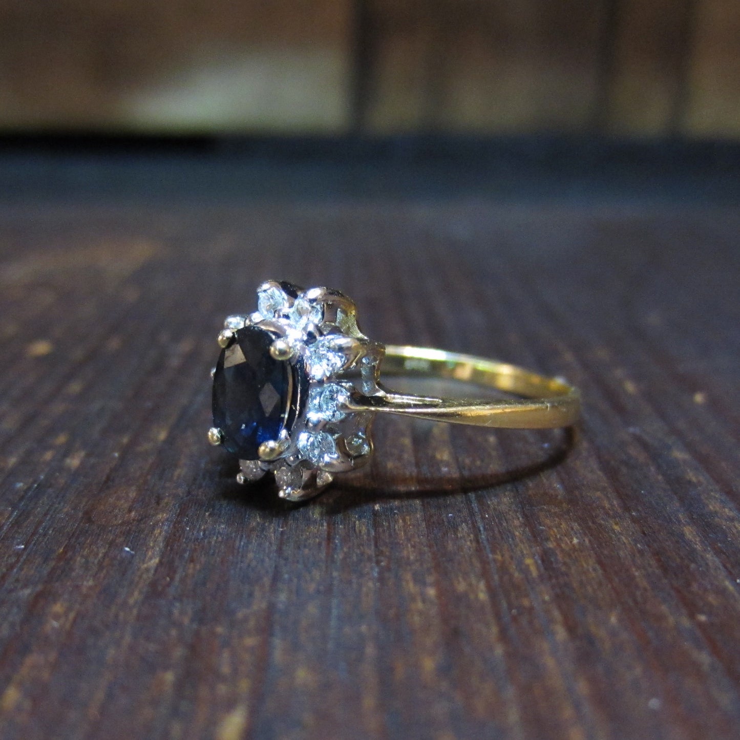 SOLD- Vintage Sapphire and Diamond Cluster Ring 14k c. 1980
