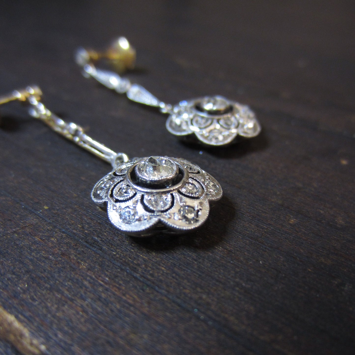 Art Deco Diamond Drop Earrings Platinum/18k c. 1920