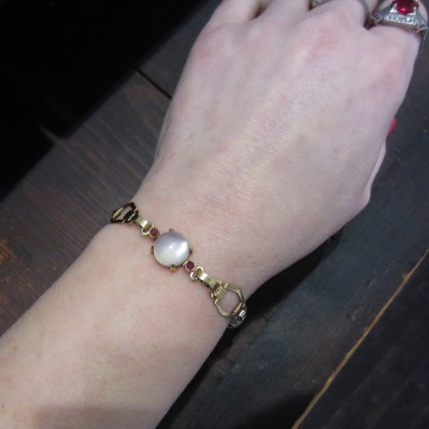 SOLD Retro Moonstone and Ruby Bracelet 14k c. 1940