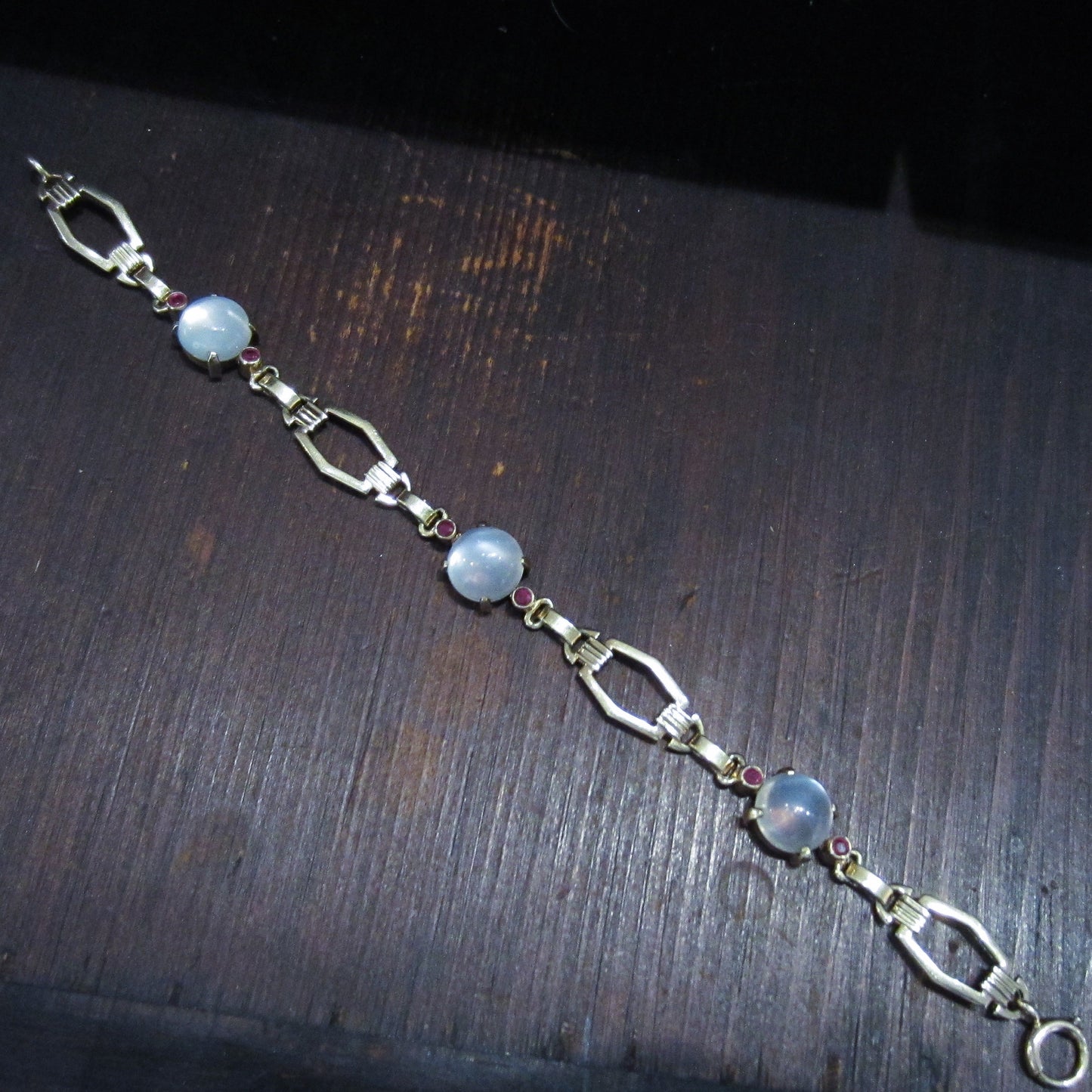 SOLD Retro Moonstone and Ruby Bracelet 14k c. 1940