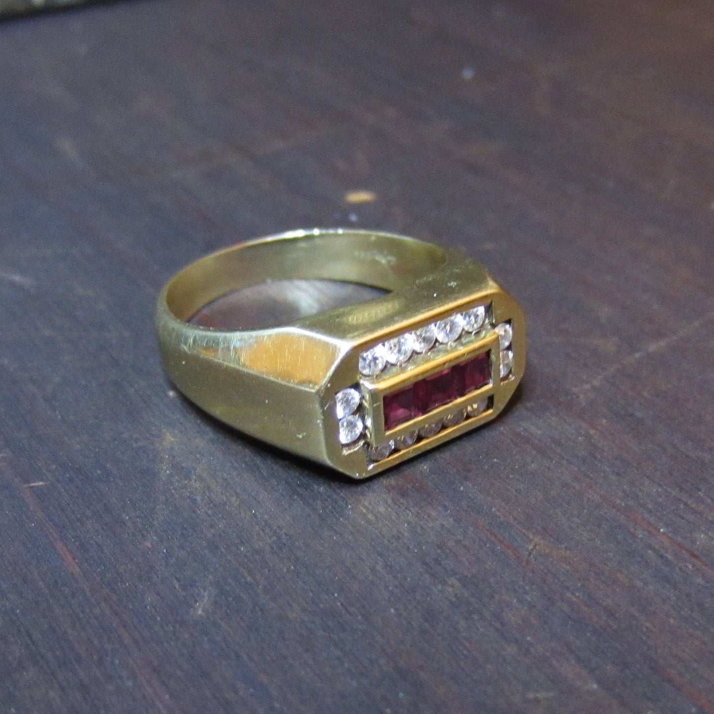 Vintage Ruby and Diamond Signet Ring 14k c. 1970