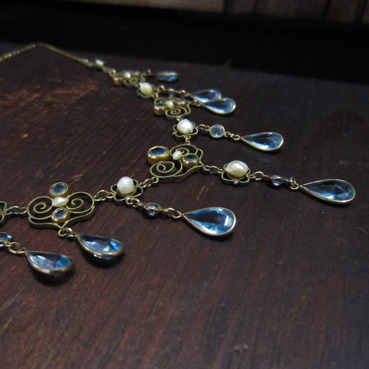 Victorian Pearl and Blue Glass Drop Necklace Gold-filled c. 1890