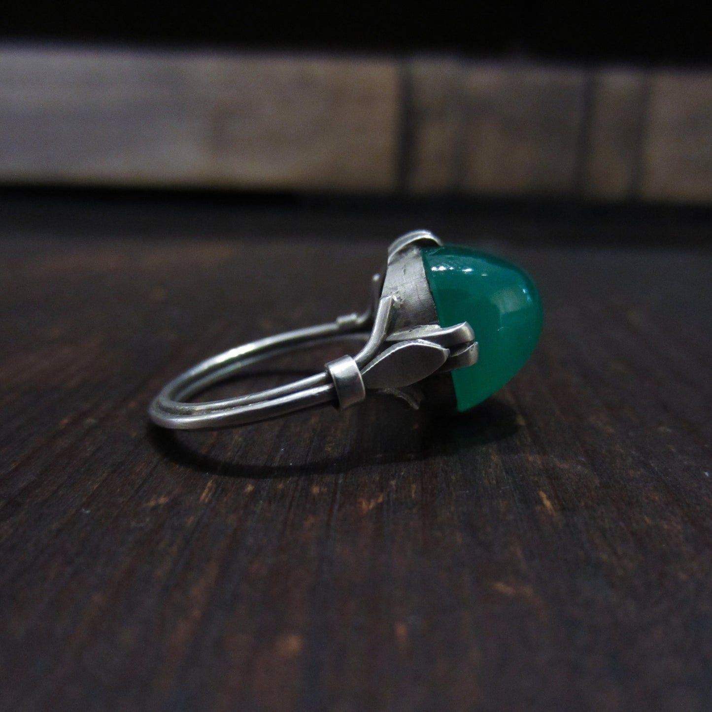 French Art Deco Chrysoprase Sugar Loaf Cabochon Ring Sterling c. 1920