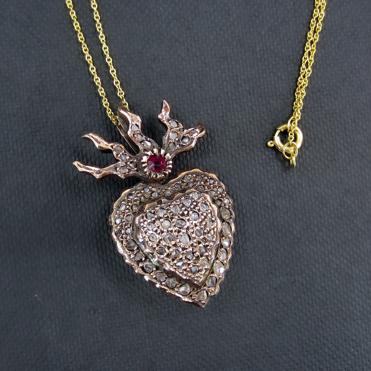 Vintage Ruby and Rose Cut Diamond Flaming Heart Pendant 10k
