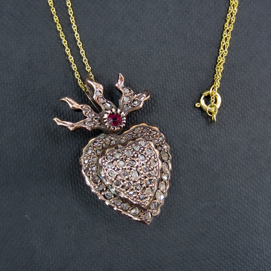 Vintage Ruby and Rose Cut Diamond Flaming Heart Pendant 10k