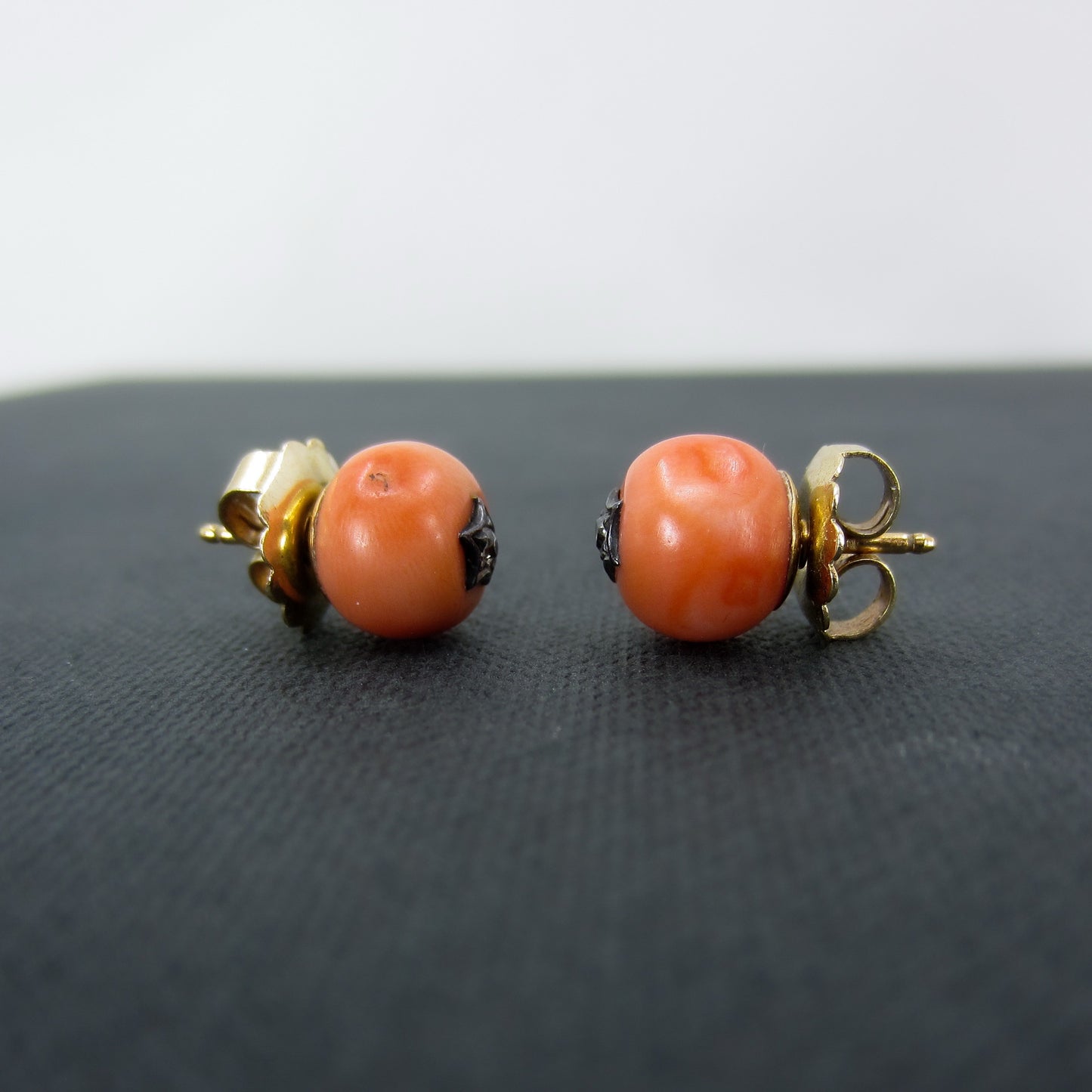 Victorian Diamond and Coral Studs Silver/14k c. 1890