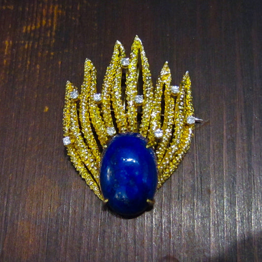 Mid-Century Lapis and Diamond Brooch 14k, KARBRA c. 1966