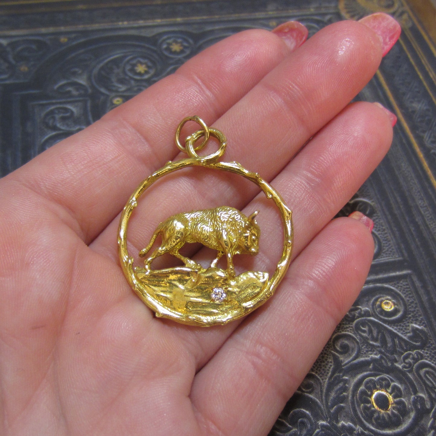 Merrin Mid-Century Diamond Taurus Charm/Medallion 14k c. 1960