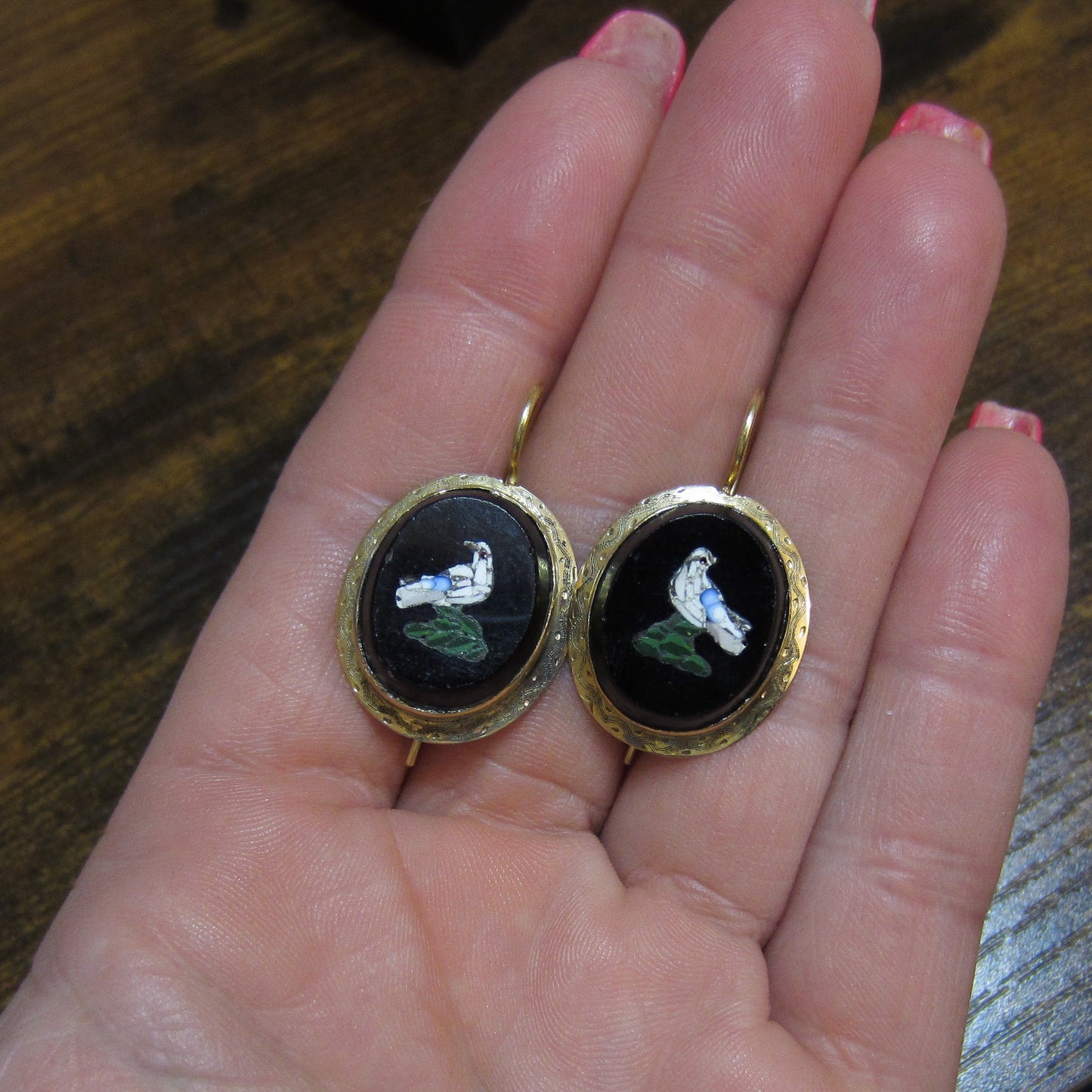 SOLD-Victorian Micro Mosaic Dove Earrings 14k c. 1890