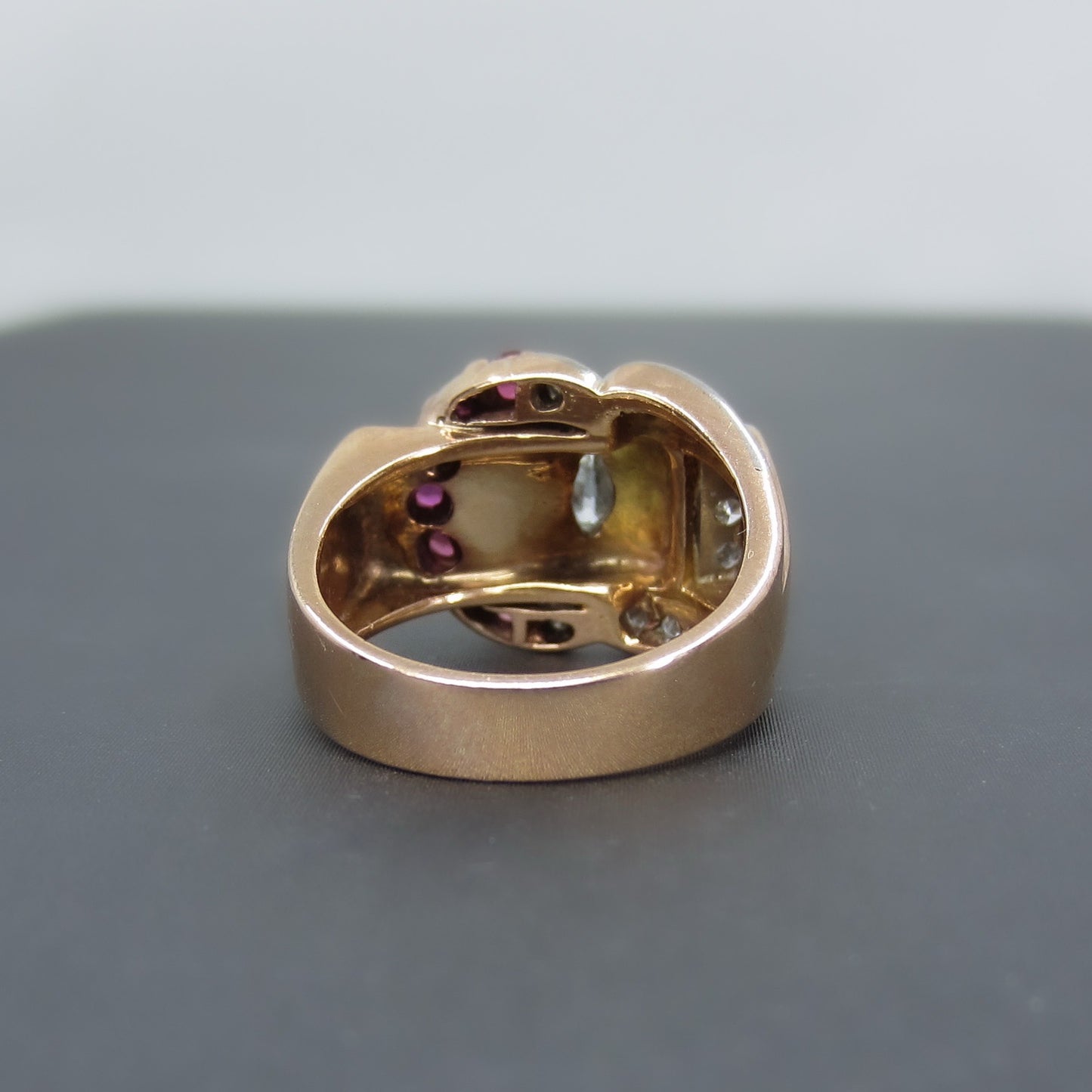 Fabulous Retro Diamond and Ruby Buckle Ring 14k c. 1940