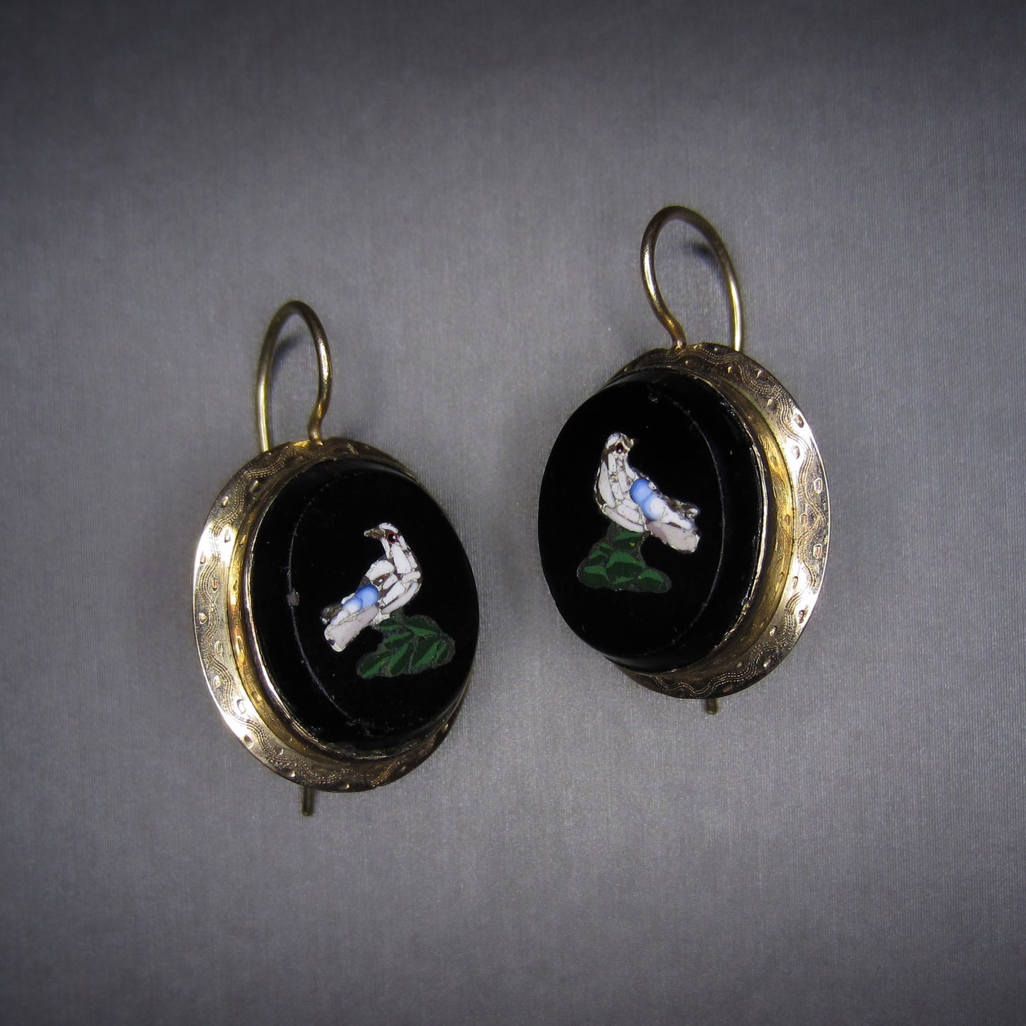 SOLD-Victorian Micro Mosaic Dove Earrings 14k c. 1890