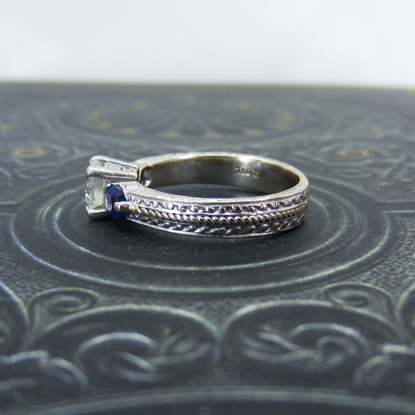 Estate Diamond .84ct and Sapphire Engagement Ring Platinum/18k