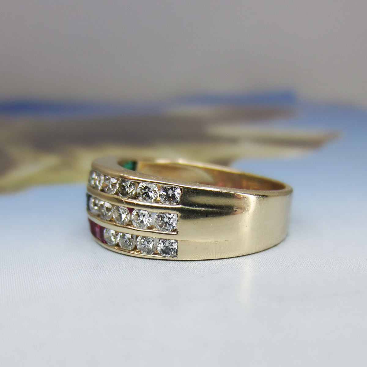 Vintage Ruby, Emerald, Sapphire and Diamond Band 18k c. 1980