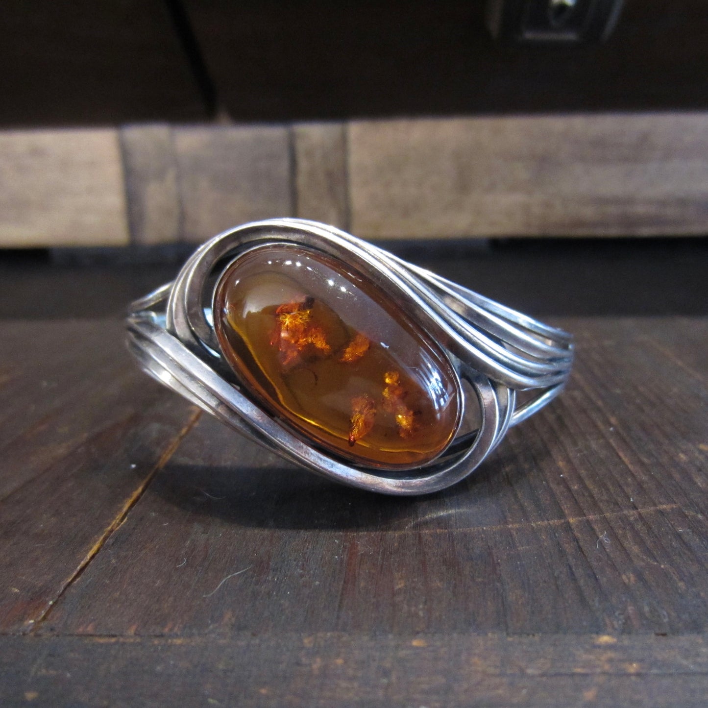 Vintage Large Amber Hinged Bangle Sterling Silver, Poland c. 1970