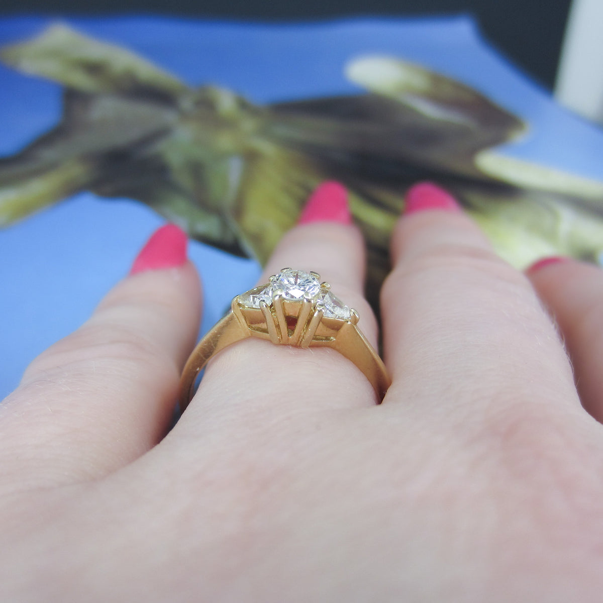 Vintage Three Diamond Trilliant Engagement Ring 14k c. 1990