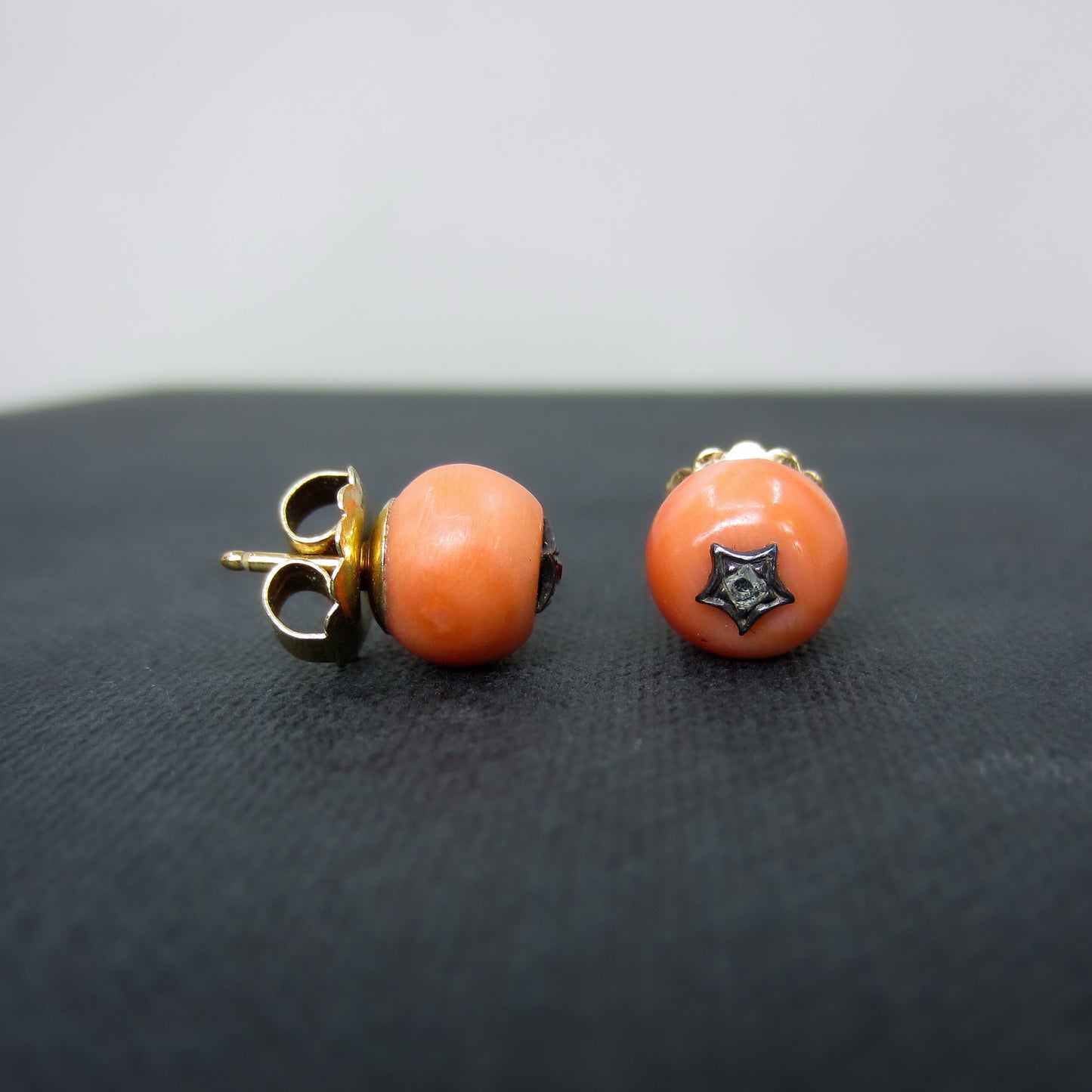 Victorian Diamond and Coral Studs Silver/14k c. 1890