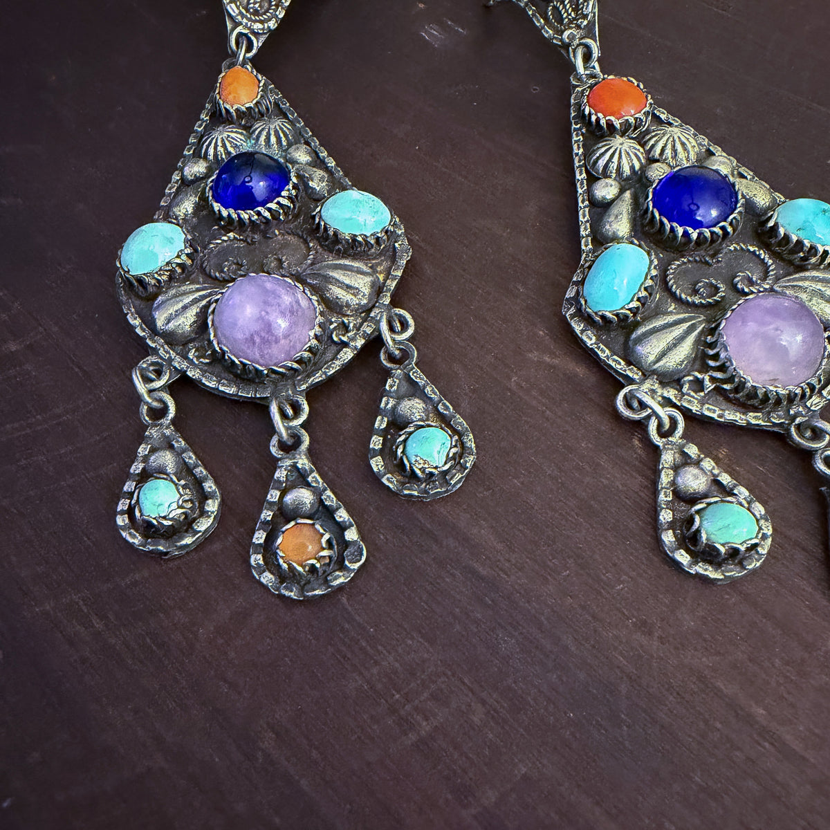 Vintage Big Multi-Stone Drop Earrings Silver