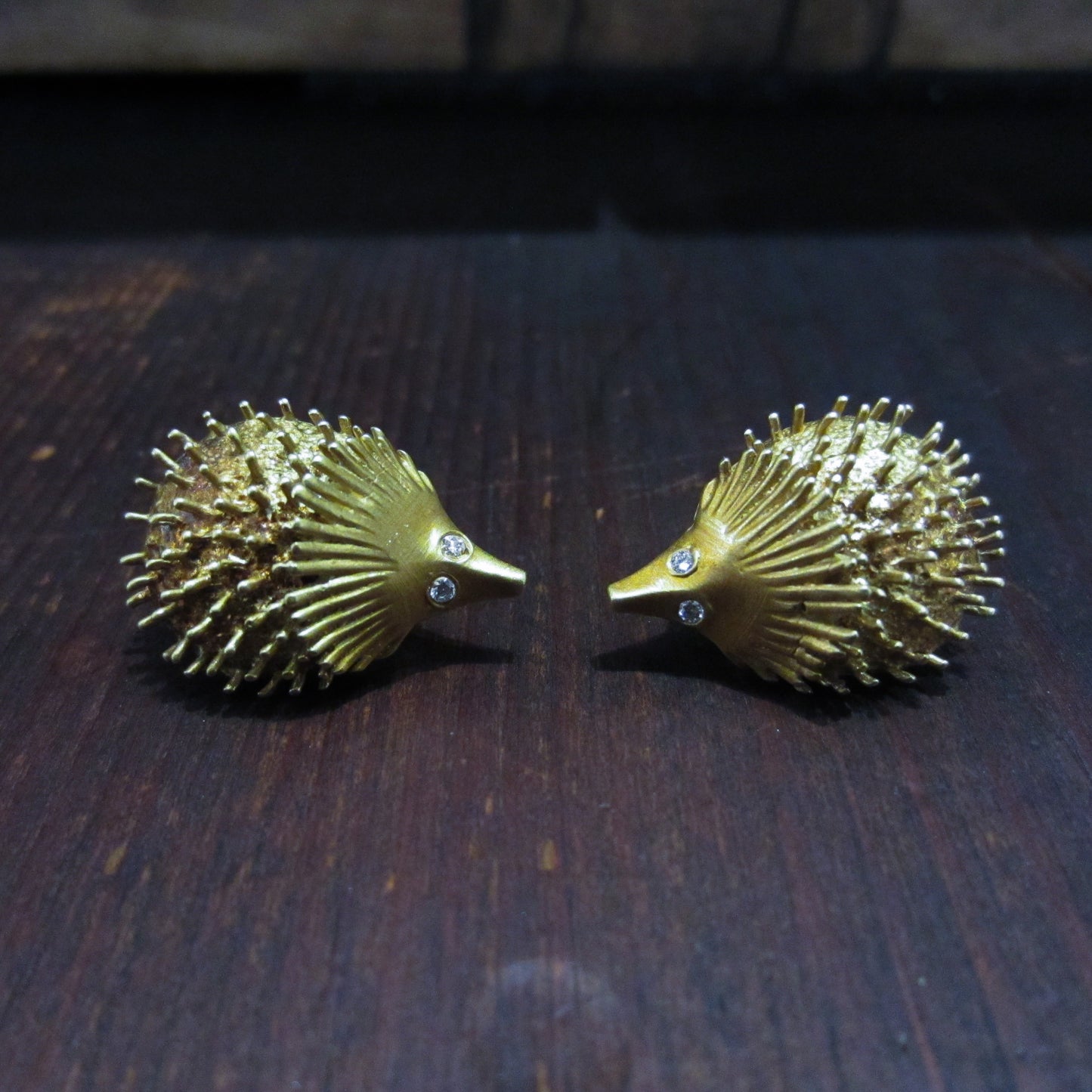 SOLD-Mid Century Peter Lindeman Diamond Hedgehog Earrings 18K c. 1960