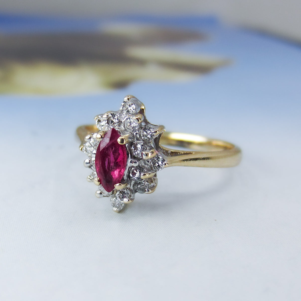Vintage Marquise Ruby and Diamond Cluster Ring 14k c. 1980