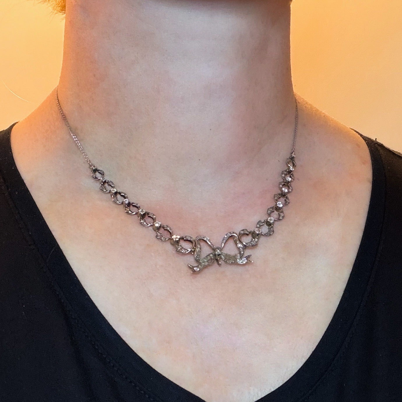Victorian Diamond Bow Necklace Silver/14k c. 1850