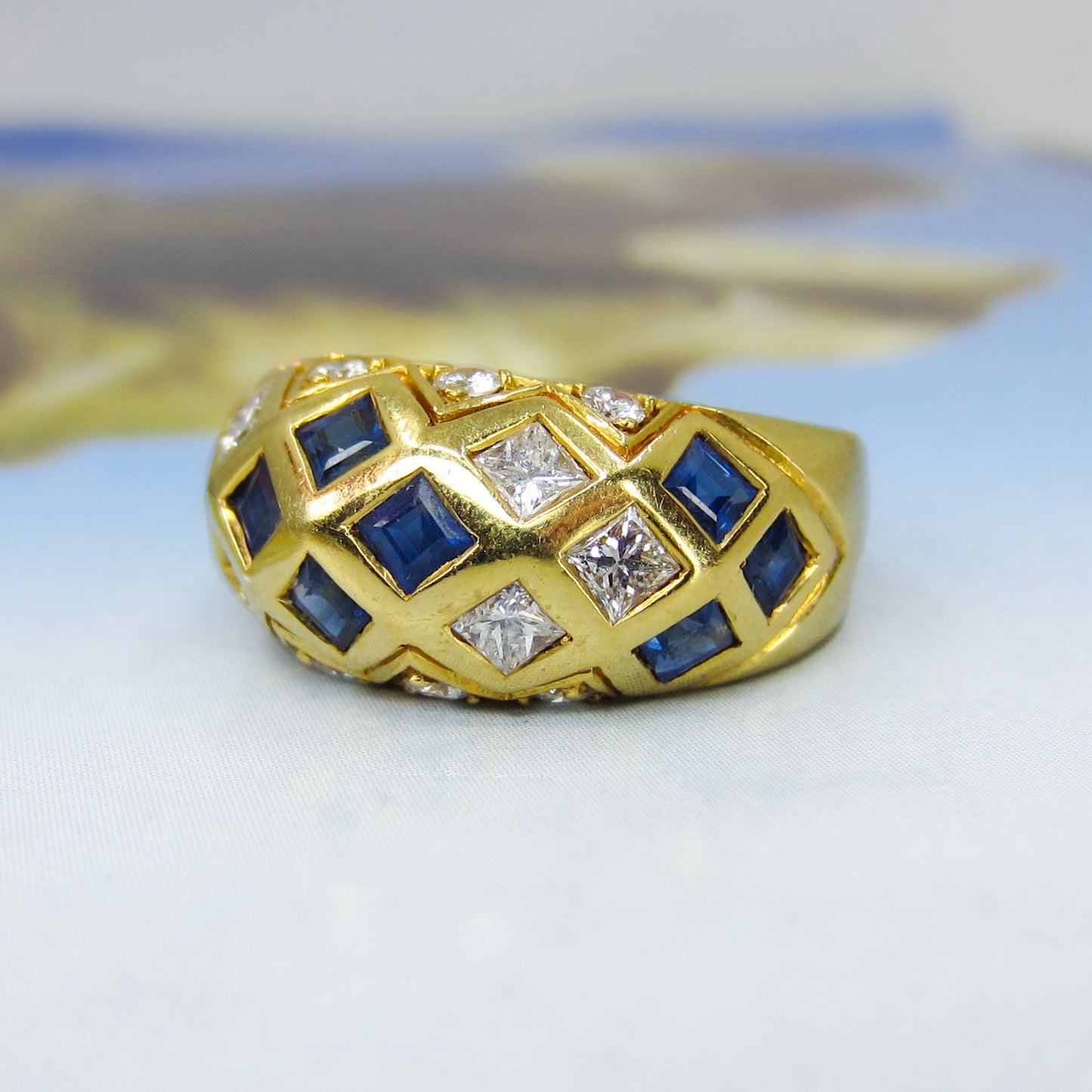 Vintage Sapphire and Diamond Dome Ring 18k c. 1990