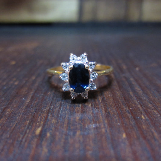 SOLD- Vintage Sapphire and Diamond Cluster Ring 14k c. 1980