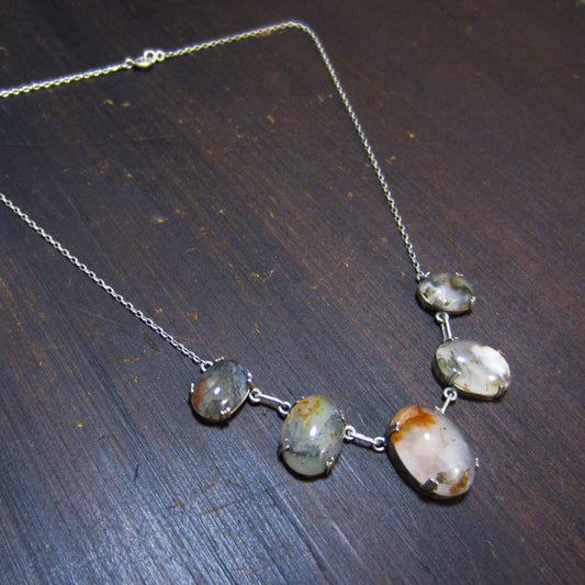 Art Deco Moss Agate Necklace Sterling Silver c. 1920