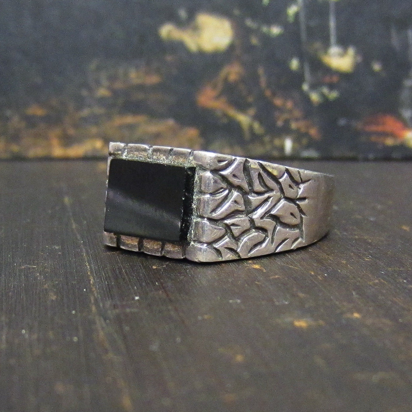 Cool Mid-Century Men’s Onyx Signet Ring Sterling c. 1960