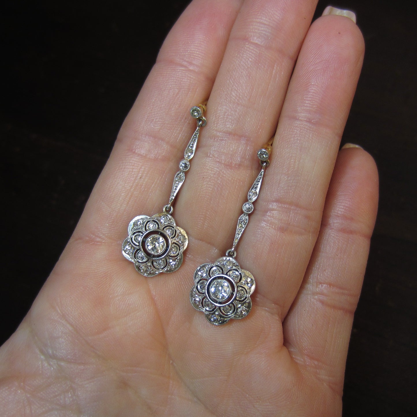 Art Deco Diamond Drop Earrings Platinum/18k c. 1920