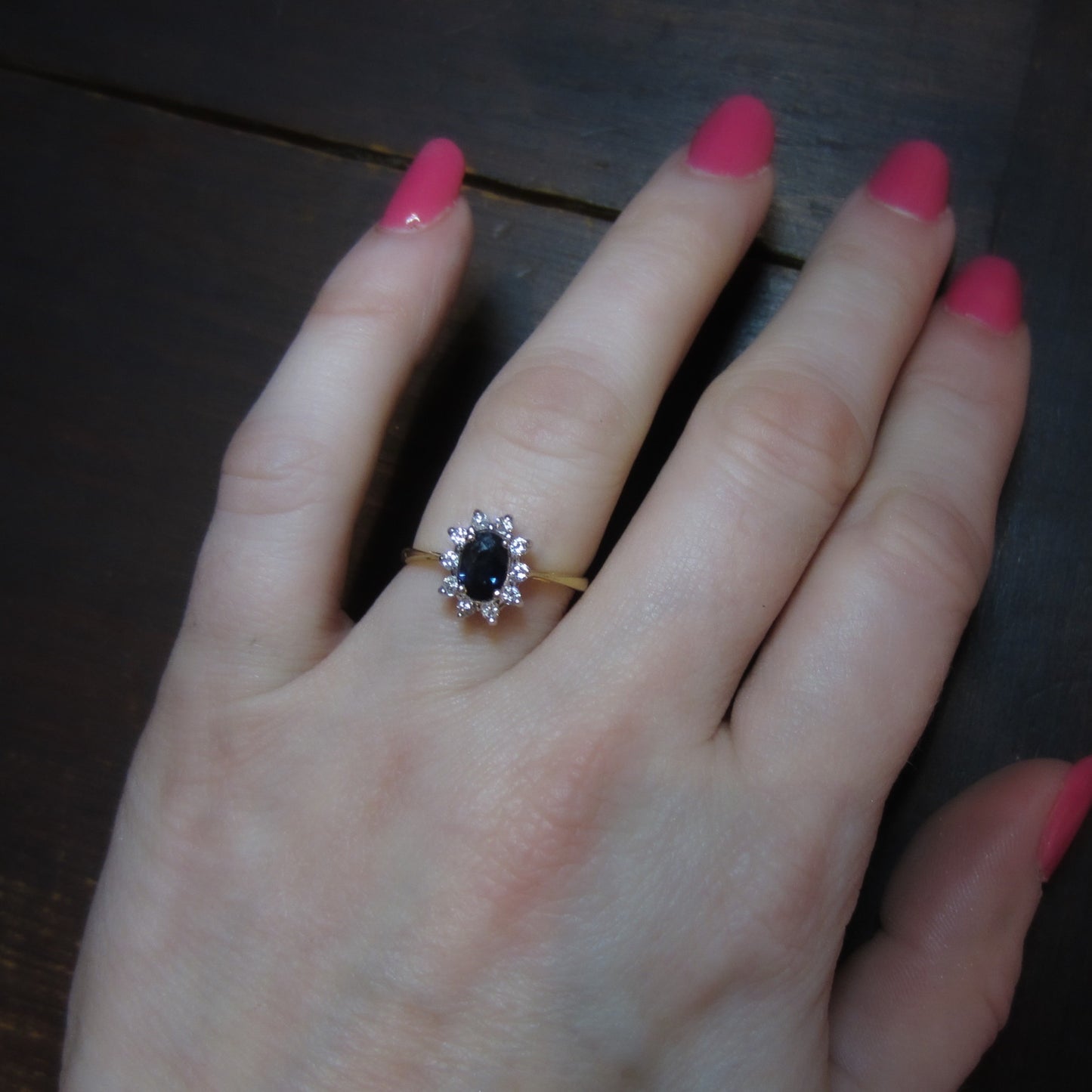 SOLD- Vintage Sapphire and Diamond Cluster Ring 14k c. 1980